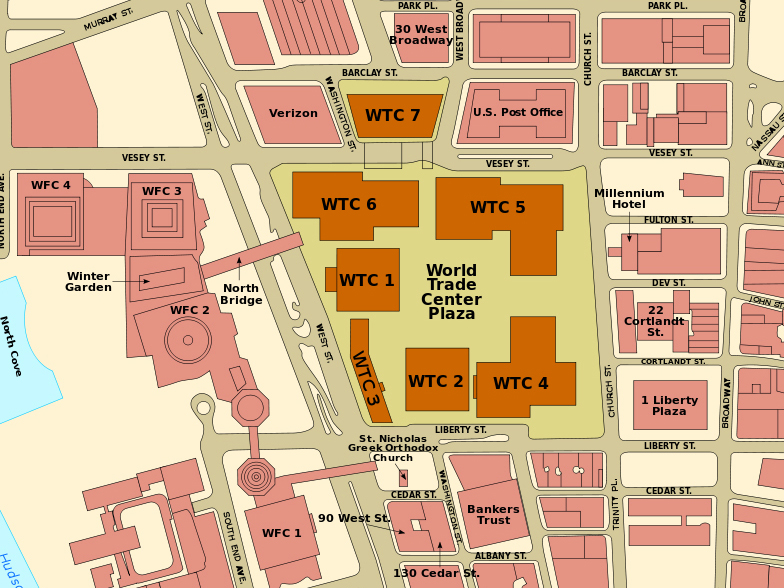 Mapa com a disposição dos prédios do World Trade Center