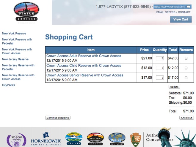 Carrinho de compras no site de ingressos para a Estátua da Liberdade