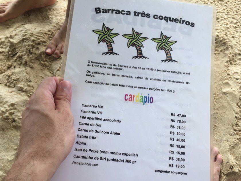 Cardápio da barraca Três Coqueiros