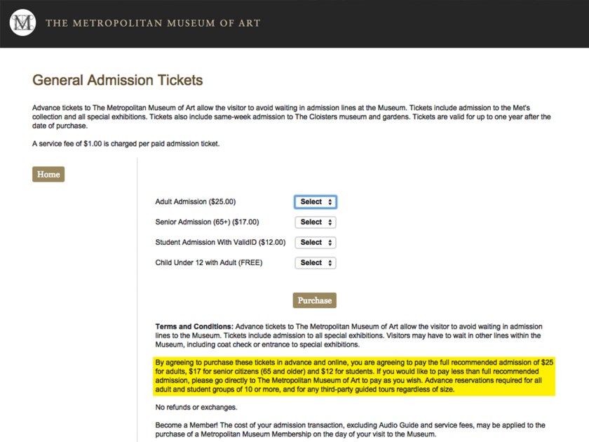 Página de compra de ingressos para o Metropolitan