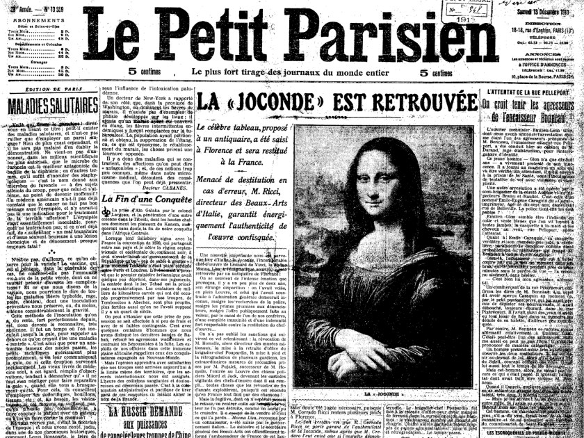 Jornal noticia recuperação da Mona Lisa