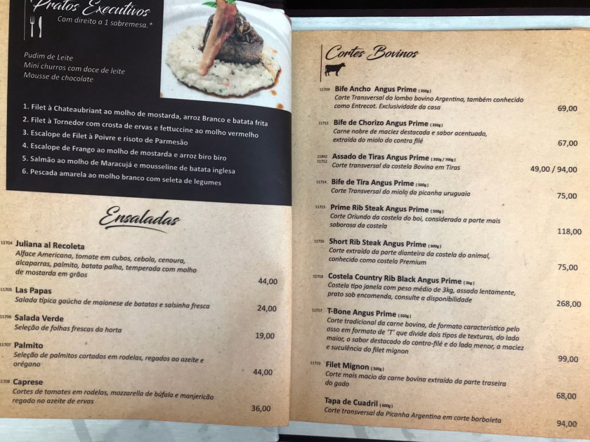 Cardápio com algumas das opções de carnes