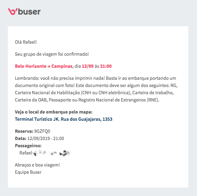 Confirmação da viagem