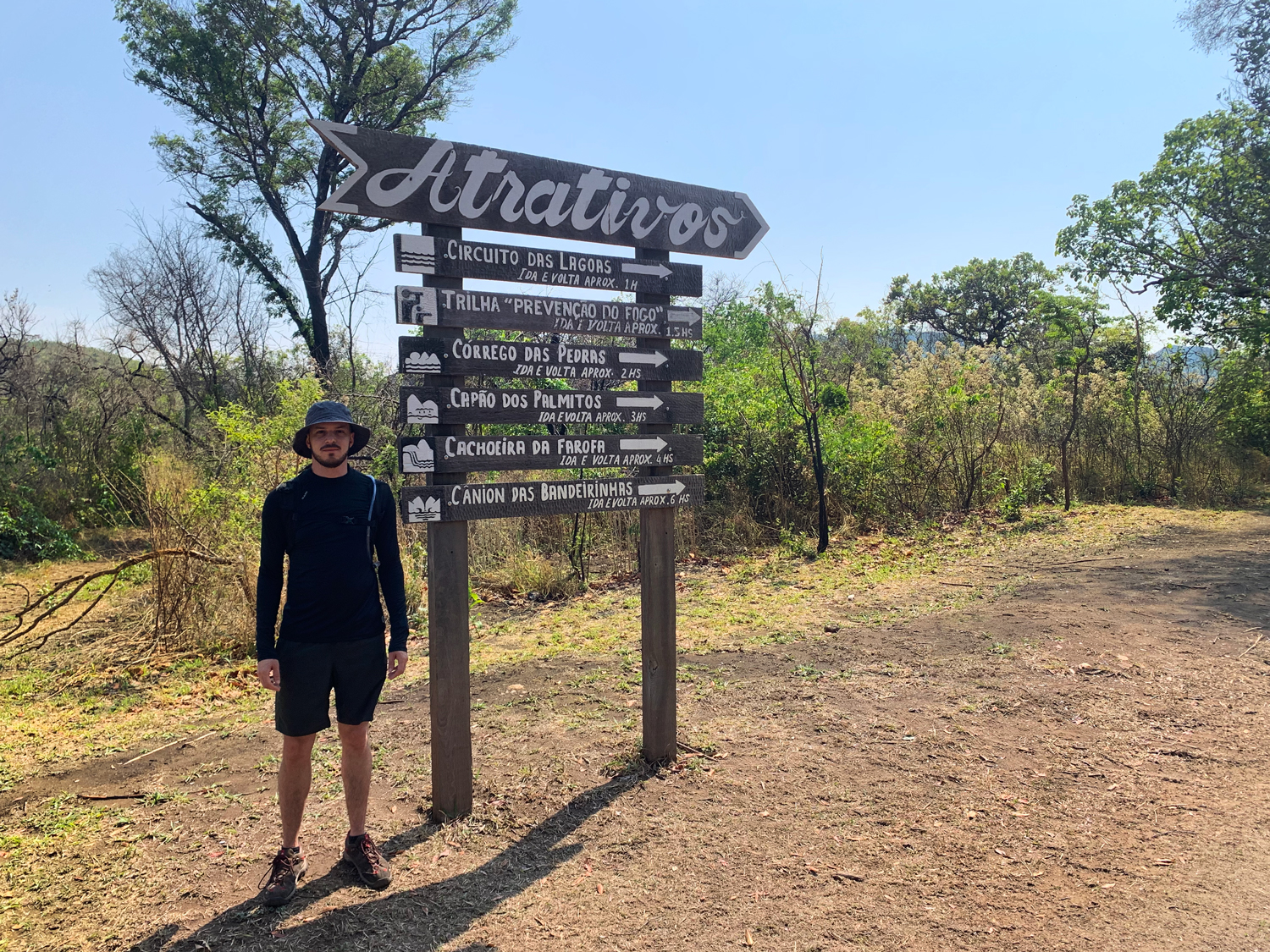 Placa com distâncias no início das trilhas