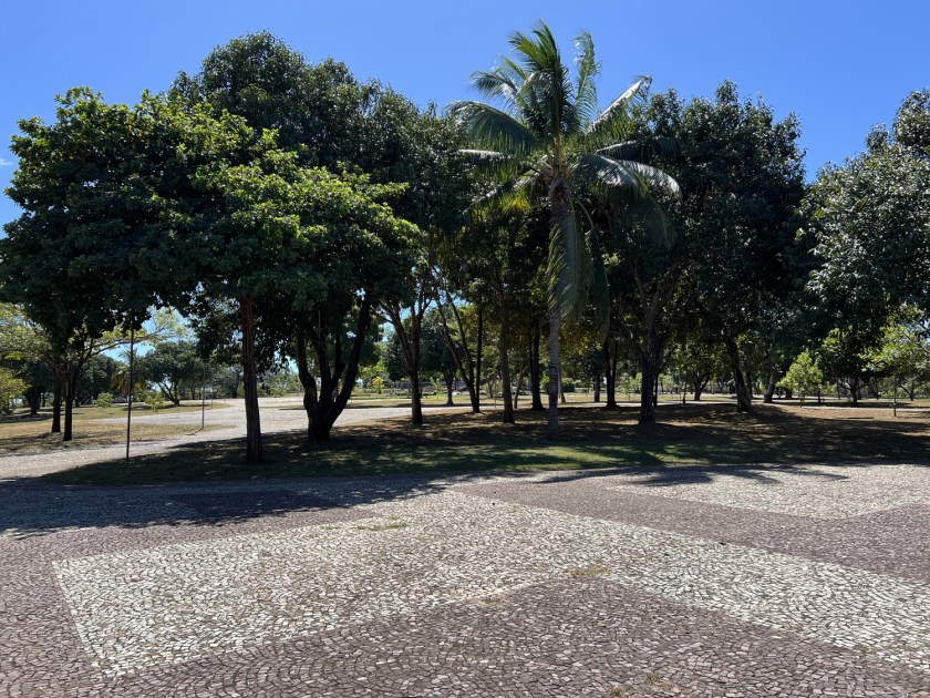 Praça com calçamento português, árvores e céu azul.