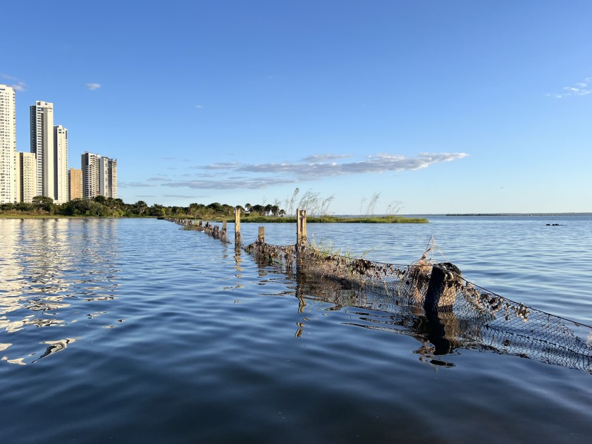 Grade de proteção dividindo a água em lago com prédios altos da cidade ao fundo no canto esquerdo.